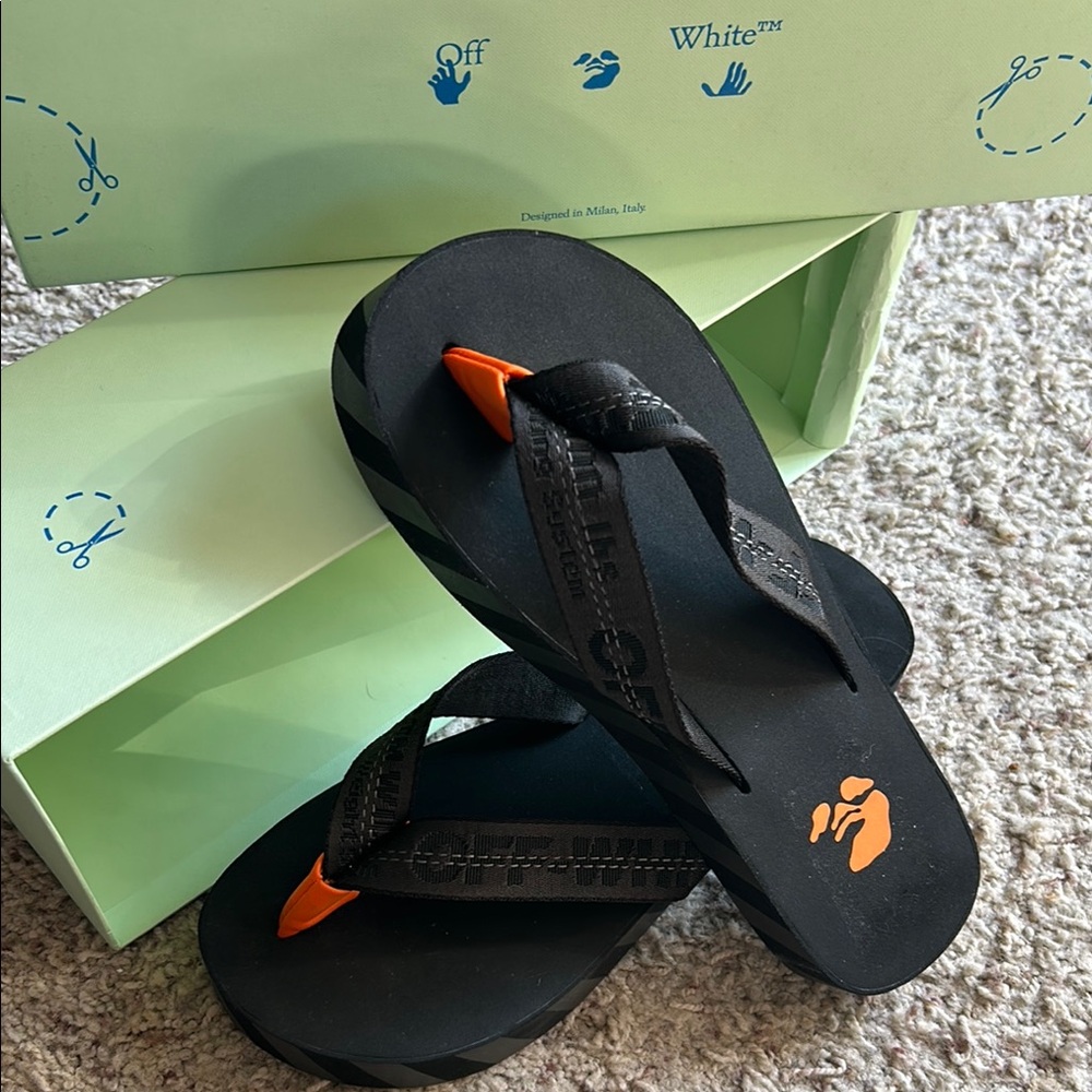 Off-White Black Flip Flops with Orange Detail